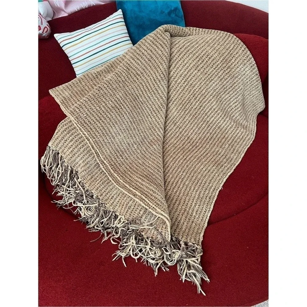 Restoration Hardware 5lb Ribbed Chenille Throw Blanket Neutral Tan Brown Cozy